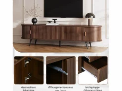 Merax Mueble de TV ovalado con rayas verticales - 180 x 40 x 45 cm - con 4 cajones + 2 puertas correderas - MDF - nogal oscuro