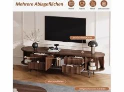 Merax Mueble de TV ovalado con rayas verticales - 180 x 40 x 45 cm - con 4 cajones + 2 puertas correderas - MDF - nogal oscuro