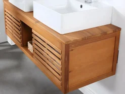Vente-unique Mueble doble lavabo de madera de acacia y espejos - 130 cm - PENEBEL Color natural oscuro