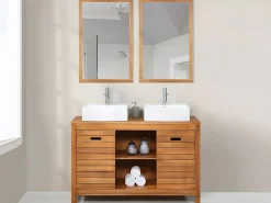 Best Vente-unique Mueble doble lavabo de madera de acacia - 130 cm - 2 espejos 90 x 60 cm - PULUKAN Color natural oscuro
