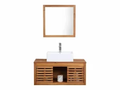 Clearance Mueble doble lavabo de madera de acacia y espejo - 90 cm - PENEBEL Conjunto De Baño