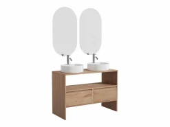 Mueble doble lavabo de roble - Lavabo sobre encimera redondo, espejo y grifo - 110 cm - CAVIZO Conjunto De Baño
