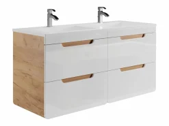 Hot Vente-unique Mueble doble lavabo flotante color natural y blanco para baño, L120 cm, ARUBA Color natural claro / Blanco