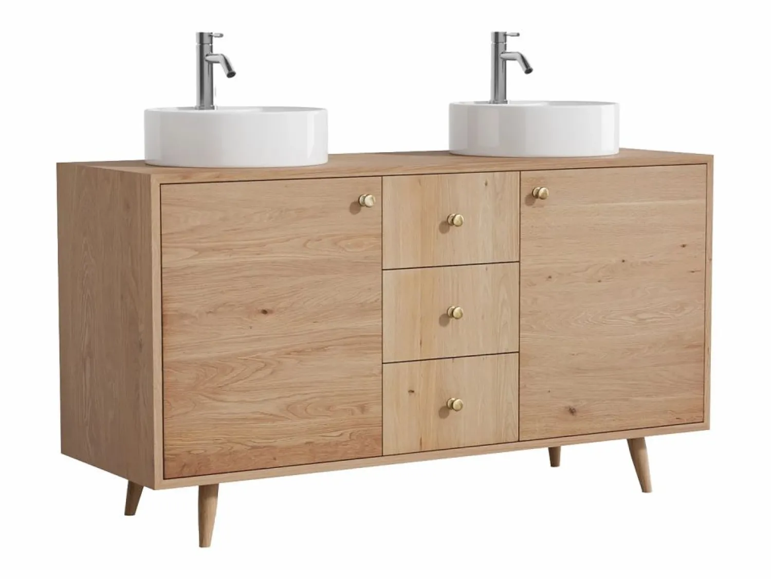 Outlet Vente-unique Mueble en roble con doble lavabo redondo sobre encimera y grifo - Roble natural claro - 145 cm - ZARENO Color natural claro
