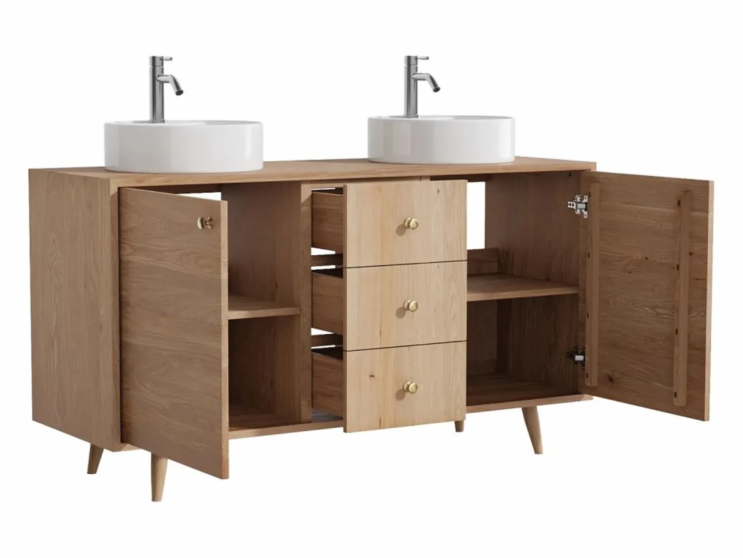 Outlet Vente-unique Mueble en roble con doble lavabo redondo sobre encimera y grifo - Roble natural claro - 145 cm - ZARENO Color natural claro