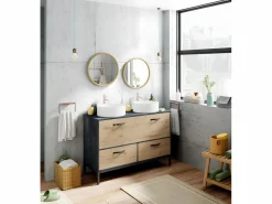 Outlet Mueble Lavabo para Baño color imitación Mármol, Roble Mueble De Baño Con Doble Lavabo