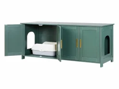 Mueble para Caja de Arena SucceBuy Gato Armario Esconder Casa de Baño de Gato Interior, con 4 Puertas y 2 Entradas, Nicho Esconder-arena en Madera, 120x45x50 cm