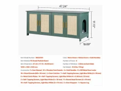 Mueble para Caja de Arena SucceBuy Gato Armario Esconder Casa de Baño Gato, con 4 Puertas de Rattán y 2 Entradas, Nicho Esconder-arena Madera, 120x45x50 cm