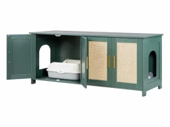 Mueble para Caja de Arena SucceBuy Gato Armario Esconder Casa de Baño Gato, con 4 Puertas de Rattán y 2 Entradas, Nicho Esconder-arena Madera, 120x45x50 cm
