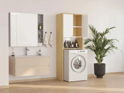 Discount Vente-unique Mueble para lavadora 2 puertas - L65 x Alt. 180 cm - Blanco y natural claro - WORIKA Color natural claro / Blanco