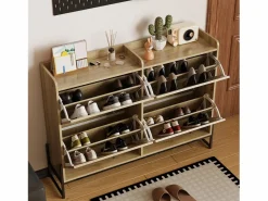 Discount ModernLuxe Mueble para zapatos 121×25×91,5 cm - con 4 puertas abatibles de ratán - paneles de partículas - natural Color natural claro