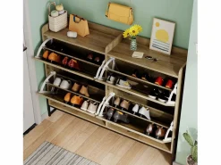 Discount ModernLuxe Mueble para zapatos 121×25×91,5 cm - con 4 puertas abatibles de ratán - paneles de partículas - natural Color natural claro