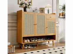 ModernLuxe Mueble para zapatos de ratán natural 120×35×106 cm - con 3 puertas y 1 cajón - panel de partículas - natural