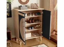 Sale ModernLuxe Mueble para zapatos moderno 76x37x98,5 cm - con 2 puertas - Almacenamiento multinivel - Patas de madera - Negro y natural Negro / Color natural claro