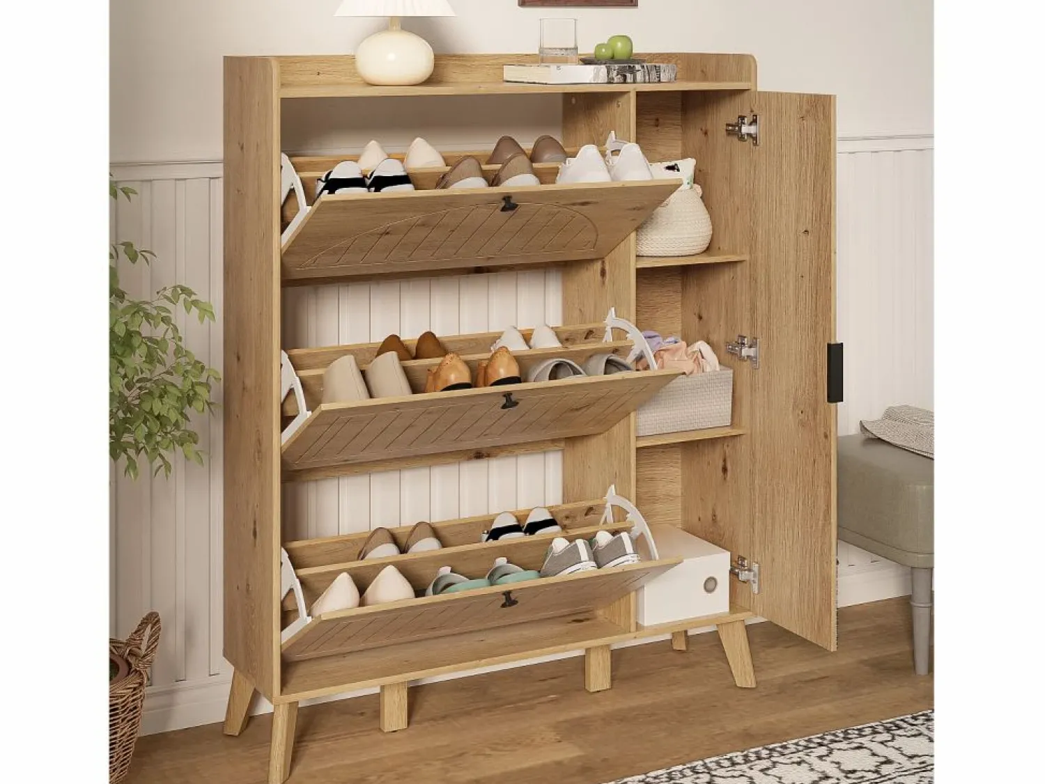 New Mueble para zapatos moderno 110×24×137,5 cm - con 3 puertas abatibles - con espejo - Patas de madera maciza - Natural Zapatero|Mueble De Almacenaje