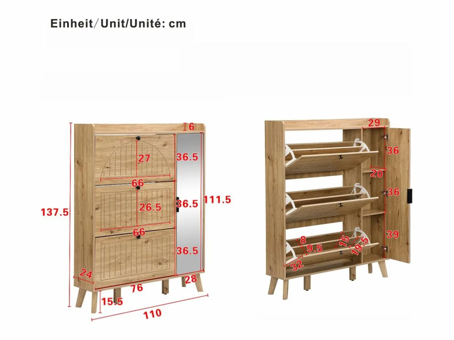 New Mueble para zapatos moderno 110×24×137,5 cm - con 3 puertas abatibles - con espejo - Patas de madera maciza - Natural Zapatero|Mueble De Almacenaje