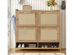ModernLuxe Mueble para zapatos moderno - con puertas de ratán - 4 puertas - estructura metálica - color natural