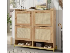 ModernLuxe Mueble para zapatos moderno - con puertas de ratán - 4 puertas - estructura metálica - color natural