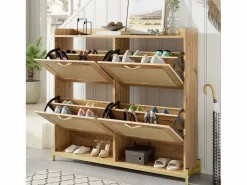ModernLuxe Mueble para zapatos moderno - con puertas de ratán - 4 puertas - estructura metálica - color natural