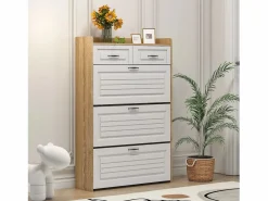 ModernLuxe Mueble para zapatos 80x23.5x125 cm - con tres grandes frontales abatibles - con 2 cajones - blanco + natural
