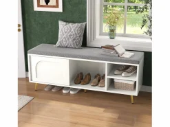 Hot ModernLuxe Mueble para zapatos 121x35x49cm - con cojín - puertas correderas y estantes abiertos - Blanco