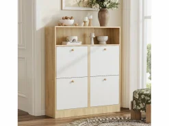 Discount Mueble para zapatos 90x24x104,5cm - con 4 puertas abatibles - con estantes abiertos - Blanco + Natural Zapatero|Mueble De Almacenaje