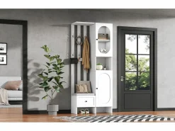 Discount Mueble recibidor compacto con 2 puertas, cristal templado y banco, tablero de partículas, (85x33,5x200cm) Blanco