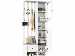 Discount Mueble recibidor compacto con 2 puertas, cristal templado y banco, tablero de partículas, (85x33,5x200cm) Blanco