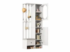 Discount Mueble recibidor compacto con 2 puertas, cristal templado y banco, tablero de partículas, (85x33,5x200cm) Blanco