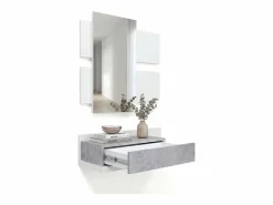 Clearance duehome Mueble recibidor con 1 cajón y espejo en blanco mate y cemento 75 cm Milo Blanco Artik (Blanco Mate) - Cemento Gris