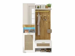 Outlet Mueble recibidor Espejo integrado y banco 110x38x190cm Puertas efecto ratán MDF y tablero de partículas y efecto madera ganchos dorados iluminación LED Armario De Entrada