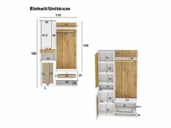 Outlet Mueble recibidor Espejo integrado y banco 110x38x190cm Puertas efecto ratán MDF y tablero de partículas y efecto madera ganchos dorados iluminación LED Armario De Entrada