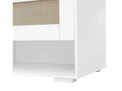 Outlet Mueble recibidor Espejo integrado y banco 110x38x190cm Puertas efecto ratán MDF y tablero de partículas y efecto madera ganchos dorados iluminación LED Armario De Entrada