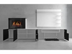 Skraut Home Mueble salón comedor con chimenea eléctrica, acabado Mate/ Brillo Lacado, 290x45x170cm Blanco