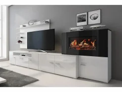 Skraut Home Mueble salón comedor con chimenea eléctrica, acabado Mate/ Brillo Lacado, 290x45x170cm Blanco
