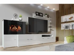 Skraut Home Mueble salón comedor con chimenea eléctrica, acabado Mate/ Brillo Lacado, 290x45x170cm Blanco
