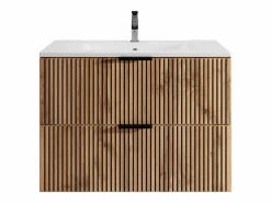 Best Vente-unique Mueble suspendido estriado con lavabo encastrado, natural claro y negro, 80 cm, MADELA Negro / Color natural claro