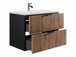 Best Vente-unique Mueble suspendido estriado con lavabo encastrado, natural claro y negro, 80 cm, MADELA Negro / Color natural claro
