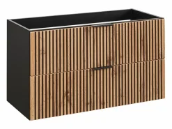 Best Vente-unique Mueble suspendido estriado con lavabo encastrado, natural claro y negro, 80 cm, MADELA Negro / Color natural claro