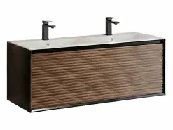 Vente-unique Mueble suspendido estriado con lavabo y grifo - Natural oscuro y negro - 120 cm - BANIVA