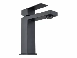 Vente-unique Mueble suspendido estriado con lavabo y grifo - Natural oscuro y negro - 120 cm - BANIVA