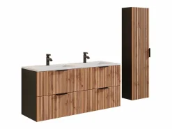 Vente-unique Mueble suspendido estriado con lavabo y columna, natural claro y negro, 120 cm, MADELA