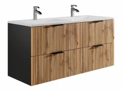 Vente-unique Mueble suspendido estriado con lavabo y columna, natural claro y negro, 120 cm, MADELA