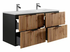 Vente-unique Mueble suspendido estriado con lavabo y columna, natural claro y negro, 120 cm, MADELA