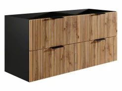 Vente-unique Mueble suspendido estriado con lavabo y columna, natural claro y negro, 120 cm, MADELA