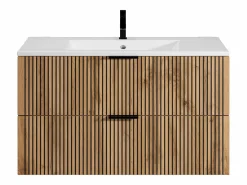Outlet Vente-unique Mueble suspendido estriado con lavabo encastrado, natural claro y negro, 100 cm, MADELA Negro / Color natural claro