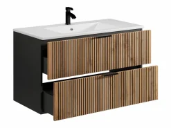 Outlet Vente-unique Mueble suspendido estriado con lavabo encastrado, natural claro y negro, 100 cm, MADELA Negro / Color natural claro