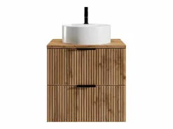 Outlet Vente-unique Mueble suspendido estriado con lavabo sobre encimera redondo, natural claro y negro, 60 cm, MADELA Negro / Color natural claro