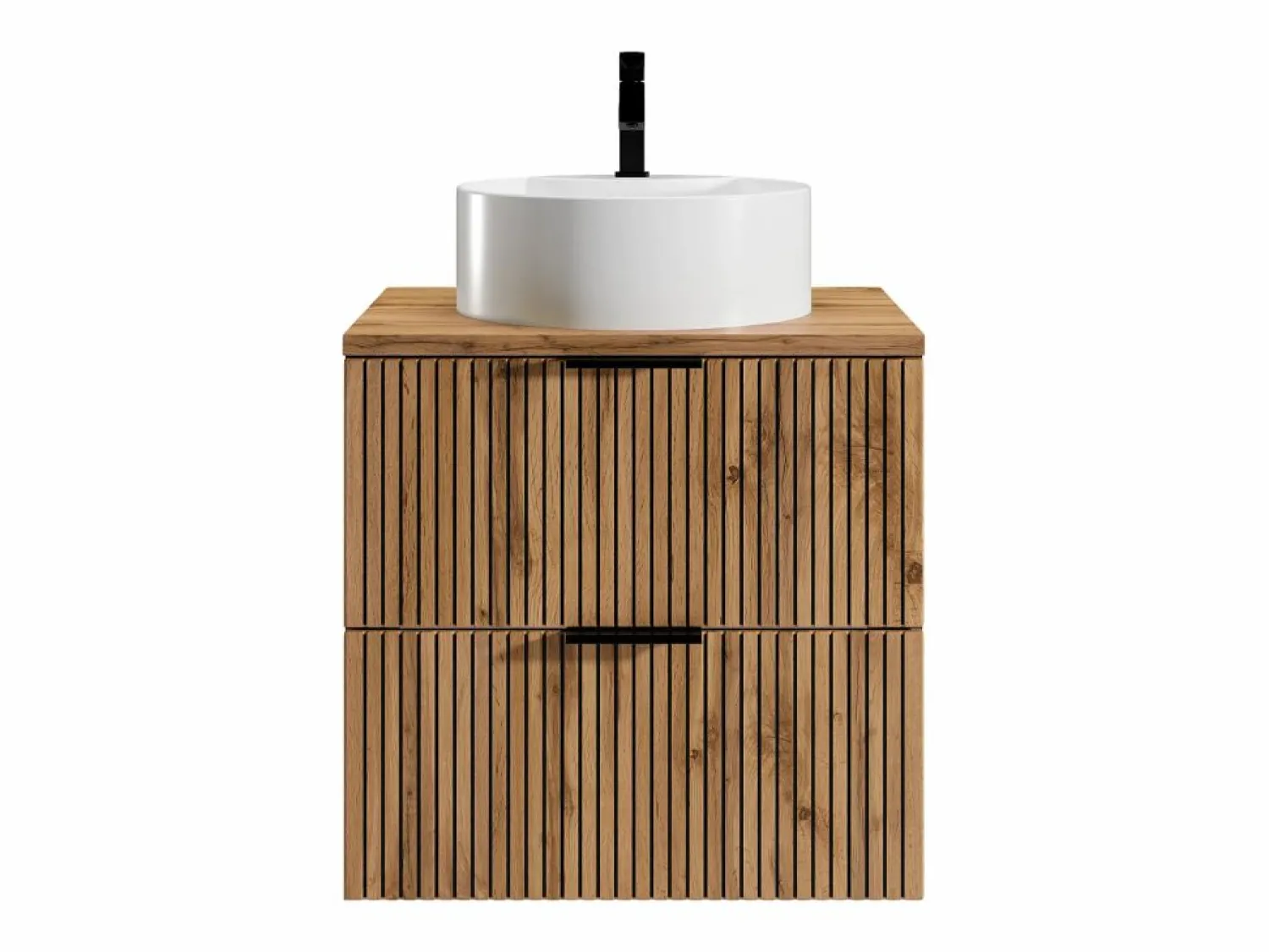 Outlet Vente-unique Mueble suspendido estriado con lavabo sobre encimera redondo, natural claro y negro, 60 cm, MADELA Negro / Color natural claro