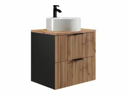 Outlet Vente-unique Mueble suspendido estriado con lavabo sobre encimera redondo, natural claro y negro, 60 cm, MADELA Negro / Color natural claro